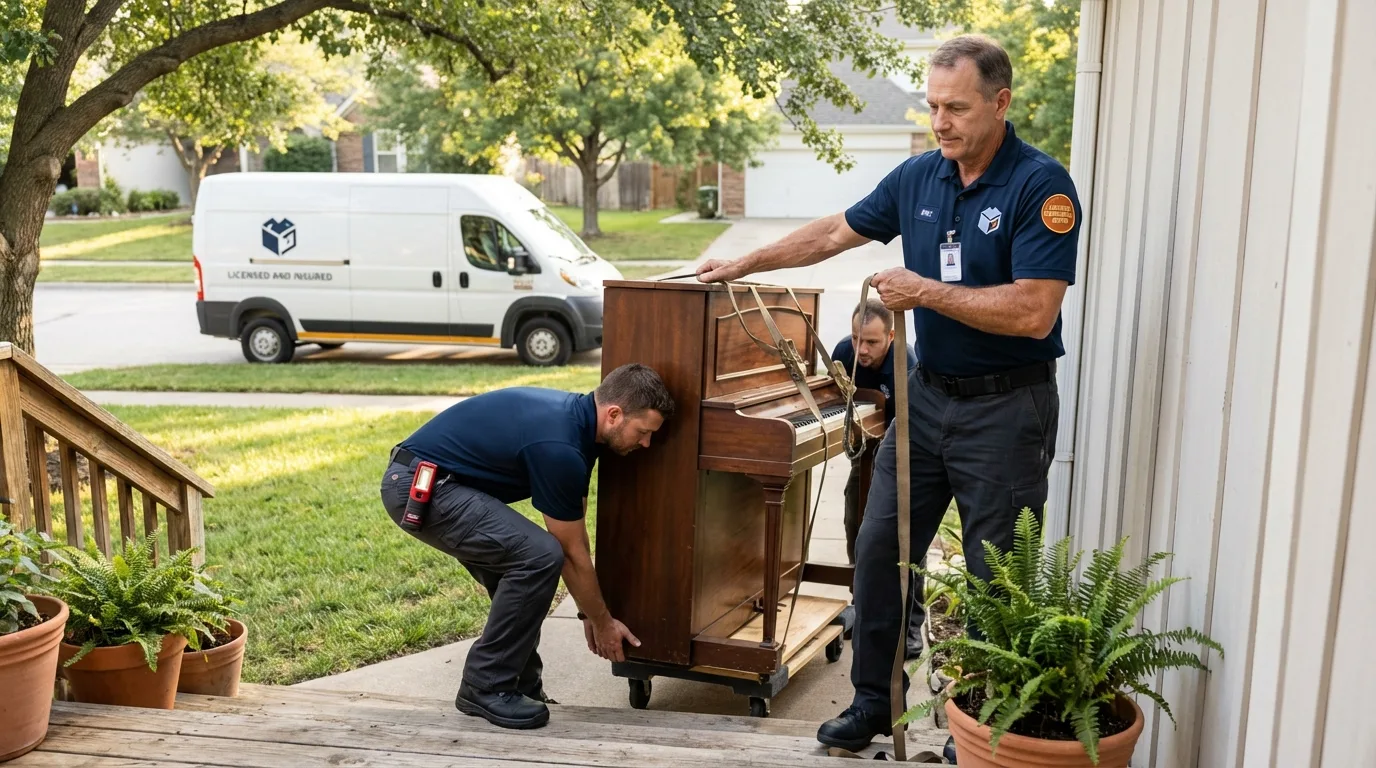 Licensed piano movers securing grand piano in Windsor, VA